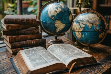 A collection of globes alongside an opened book on a wooden desk symbolizes the vastness of knowledge and world discovery