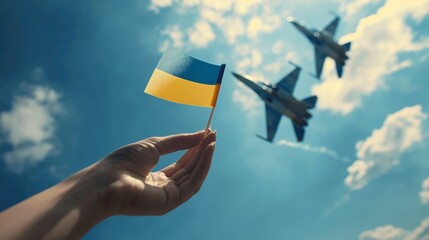 Hand stretches Ukrainian flag up into the sky against the background of flying F 16 fighter jets Ukraine waits for delivery of airplanes