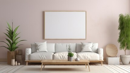 Minimalist living room design with a blank poster frame mockup, positioned over a chic couch, ideal for showcasing art or promotional material