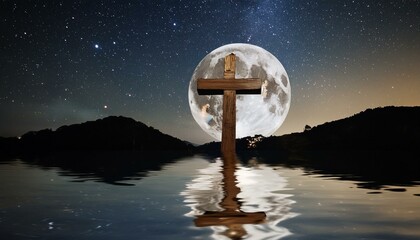 The Wooden Christian Cross In The Water At Night. 