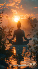 Tranquil Sunrise Yoga: Finding Peace and Calm through Photo Realistic Stretching and Mindful Breathing Concept
