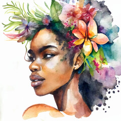 Watercolor portrait of black woman vector illustration, with tropical flowers in the hair, african american beautiful young girl with floral decorations hairstyle