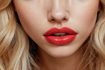 Fototapeta premium Close-up of a young blonde woman's face with long hair, puckering lips for a kiss