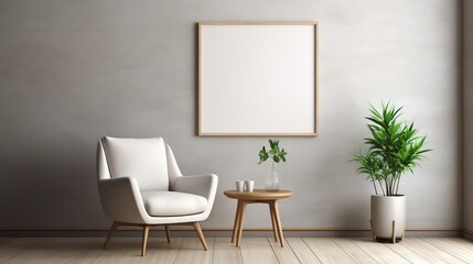 Modern living space with a blank frame mockup placed directly on the floor, against a simple, textured wall, perfect for a customizable display