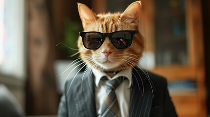 A Yellow Cat Standing Confident Wearing A Business Suit And Black Sunglasses With A Tie , Humanistic Animal Concept