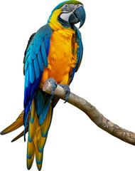 Blue and yellow macaw perched on a branch cut out on transparent background
