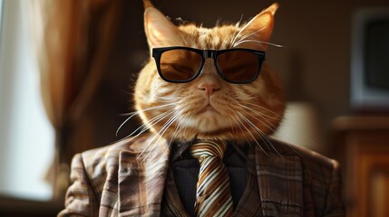 A Yellow Fat Cat Wearing A Dominant Business Suit And Sunglasses With A Tie Confidently And Relaxed