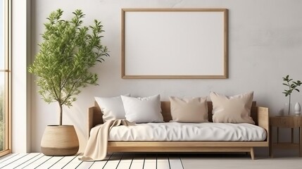 Serene interior of a relax room with a snug sofa, chic drawer, and a mockup picture frame, enhanced by the natural light from a panoramic window