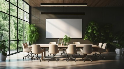 Sophisticated business office meeting room, complete with a board, seats, and several mockup frames, creating a dynamic space for collaboration and display