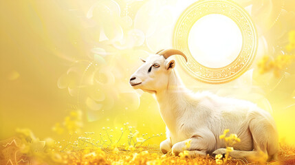 A goat with a golden and islamic eid ul azha background 
