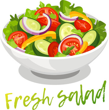 Vector icon fresh green salad in a white bowl on a white background. Delicious healthy salad overflowing with fresh green vegetables illustration. A variety of leafy greens, tomatoes, cucumber slices