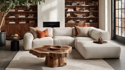 Modern boho living room  tree stump side tables, white corner sofa, and fireplace ambiance