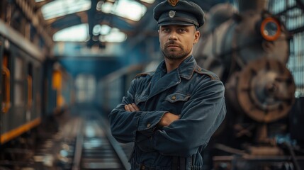 Portrait of a confident young man working in railway workshop. Male engineer in uniform standing with his arms crossed in railway maintenance workshop. - Powered by Adobe