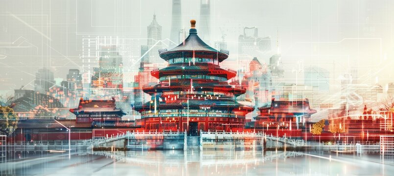 Chinese grand pavilion building. Landmark history traditional building architecture. Generative AI technology.	
