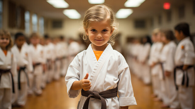 Children in martial arts class. Little girl in karate clothes making a positive like gesture in extracurricular classes. Sports for children. Kids doing taekwondo.