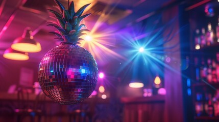 A vibrant disco ball with a pineapple perched on top, ready to bring fun and tropical vibes to a...