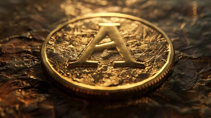 Letter "A" carved on an ancient Golden Coin , name letter alphabet concept