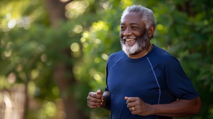 Active Senior Man Enjoying a Healthy Lifestyle Outdoors. Smiling elderly jogger exercising in the park. Wellness and activity in retirement. AI