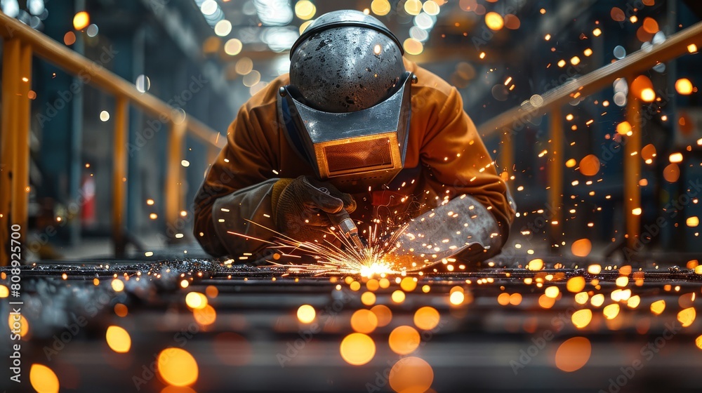Poster close-up view of a man worker welding in high-tech industrial setting, electric arcs and sparks. gen
