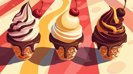  Three vector ice cream icons arranged in a minimalist style, with clean lines and bold colors representing classic flavors like strawberry, chocolate, and pistachio, set against a stark white backgro