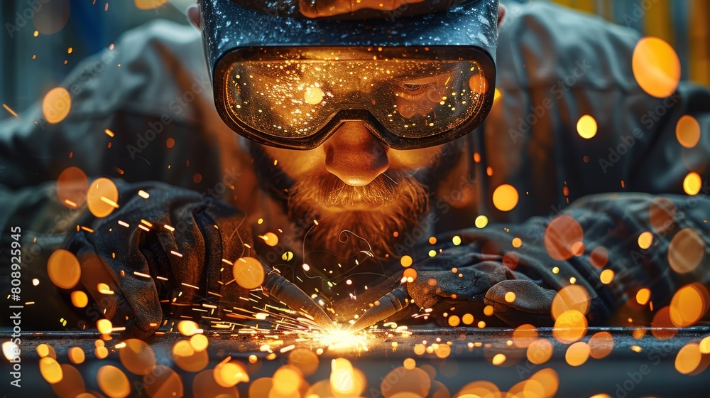 Poster close-up view of a man worker welding in high-tech industrial setting, electric arcs and sparks. gen