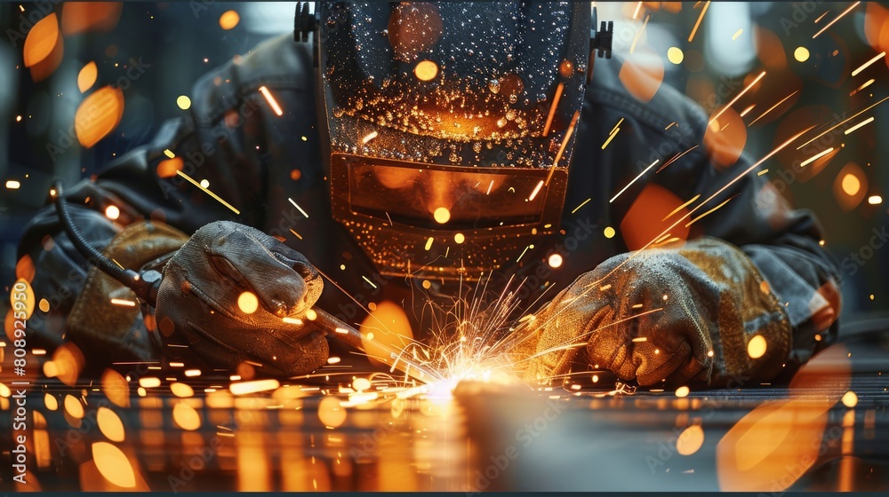 Poster close-up view of a man worker welding in high-tech industrial setting, electric arcs and sparks. gen