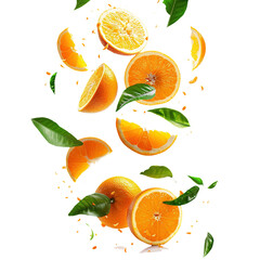 Orange fruit falling and flying on transparent background. Realistic vector illustration for promotion and advertising.