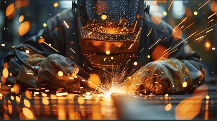 Close-up view of a man worker welding in high-tech industrial setting, electric arcs and sparks. Generative AI. - Powered by Adobe