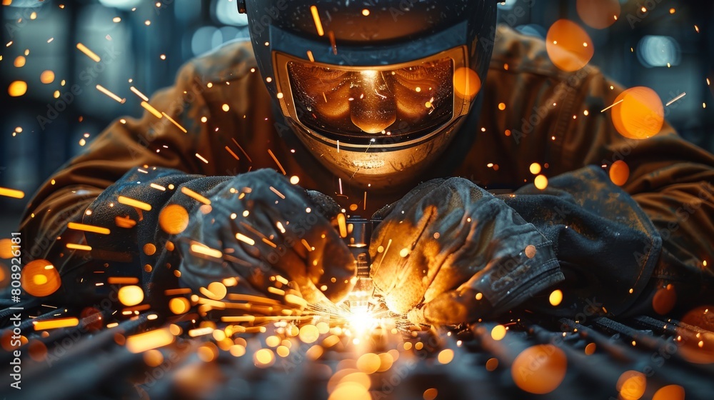 Poster close-up view of a man worker welding in high-tech industrial setting, electric arcs and sparks. gen