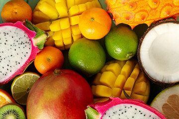 Set of fresh ripe tropical fruits, close up