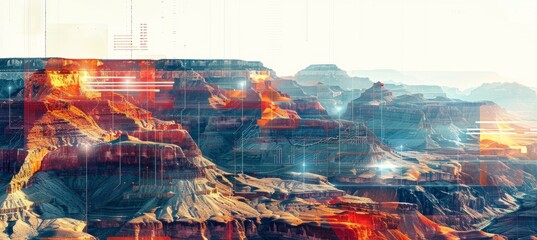 Fototapeta premium Canyon landscape with digital technology elements. Geology rock formation. Generative AI technology. 