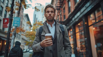 Young businessman walking down urban street and using smartphone with coffee cup