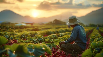 Fototapeta premium Man with straw hat working in strawberry plantation at dawn. Generative AI.
