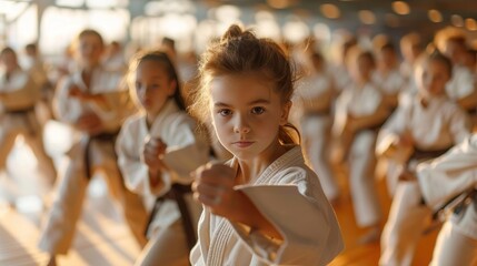 Young Karate fighters, school age children practising karate. They are all dressed in karategi-karate uniform. Interior of karate school in Mississauga, Ontario in Canada.