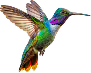 Obraz premium Colorful hummingbird with iridescent plumage cut out on transparent background