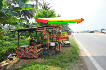 roadside fruit stand variety of fresh fruits colorful umbrella person shelter cooking pot