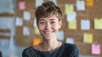 happy non-binary person with short hair looking at camera near corkboard with paper notes in office Stock Photo photography