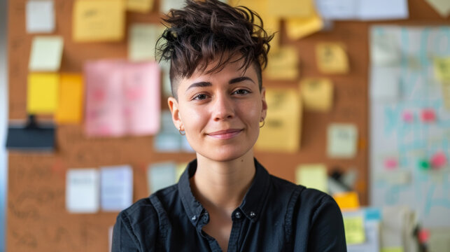 happy non-binary person with short hair looking at camera near corkboard with paper notes in office Stock Photo photography