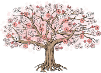 Old cherry tree with pink flowers. Large hand-drawn illustration can be used as a background and as a design element.
