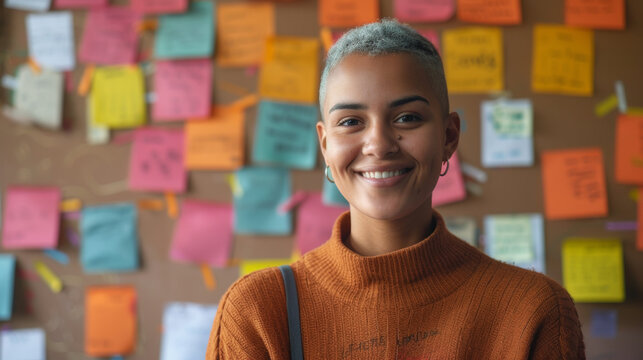 happy non-binary person with short hair looking at camera near corkboard with paper notes in office Stock Photo photography