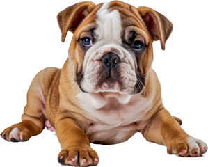 A cute brown and white puppy is sitting cut out on transparent background