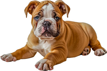A cute brown and white puppy is sitting cut out on transparent background