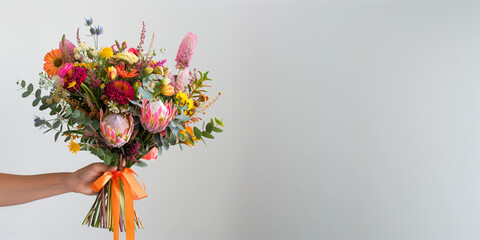 Female ladies hand holding pretty native bottlebrush wildflower floral bouquet bunch of earthy flowers in earthy chic minimal modern floristry wedding concept isolated plain white background banner 