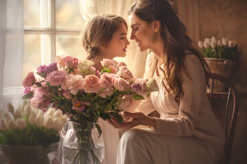 mother and girl hugging, Place the flowers in a vase, basket, or any other container you prefer. Arrange the daughter and mom in front of or beside the flowers
