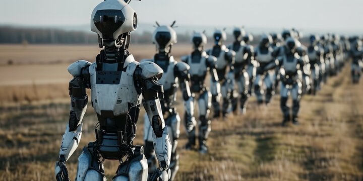 Killer robots for future warfare. An army of cyborgs outdoors in the field. The concept of future warfare