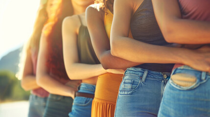 Close-up of young women standing arm in arm, backlit by sunset. Warm-toned outdoor photography. Friendship and unity concept. Design for poster, greeting card. - Powered by Adobe