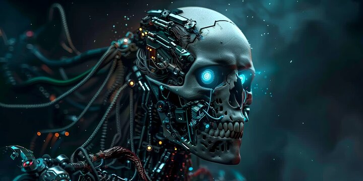Sci-fi depiction of an evil cyborg with a skull hooked up to extraterrestrial equipment.