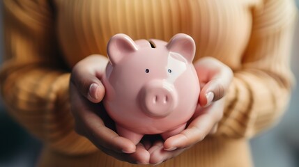 Close-up of hands holding a pink piggy bank for savings. Focus on financial planning and security. Simple, modern, and effective image symbolizing economic goals. AI