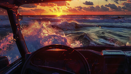 View from inside a car facing stormy ocean waves at sunset. Natural disaster and extreme weather concept. Design for poster, banner.