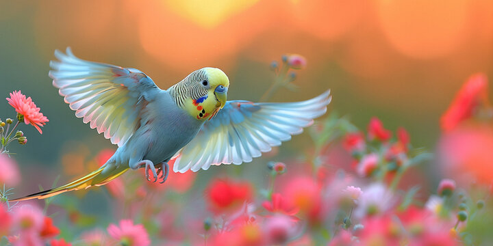 Flight of Grace: Parakeet over Blossoms. A parakeet in mid-flight over colorful flower blooms.